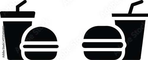 Fast Food Combo Silhouette Icon with Burger and Soda Cup in Modern Flat Design