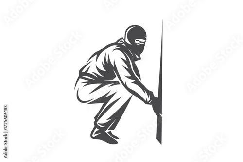 Dark silhouette depicts a person in balaclava crouching behind a wall, portrayed in grayscale