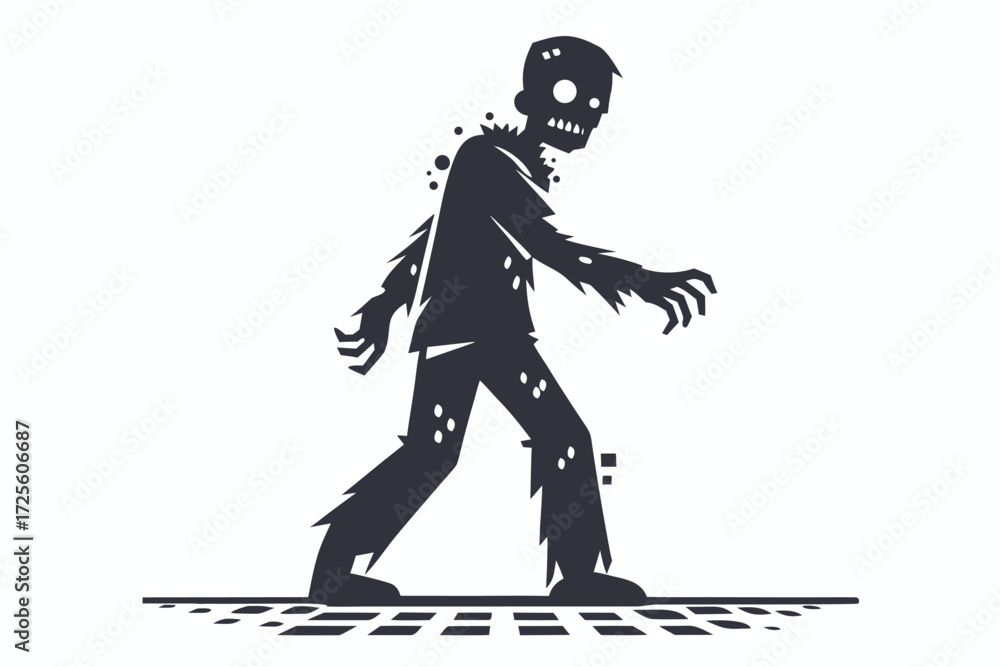 Fototapeta premium Dark silhouette depicts undead figure walking with decaying skin and exposed teeth on concrete surface