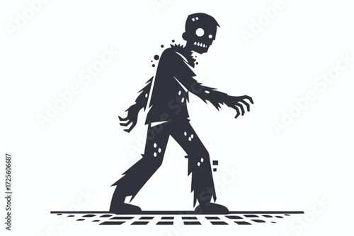Dark silhouette depicts undead figure walking with decaying skin and exposed teeth on concrete surface