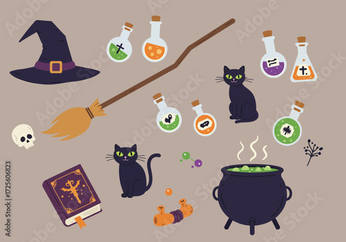 Vector art of a whimsical Halloween scene featuring a witches' hat, black cats, a bat, a pumpkin, potion bottles, spellbooks, a cauldron, a broom, scissors, and a ghost, all set against a clean white 