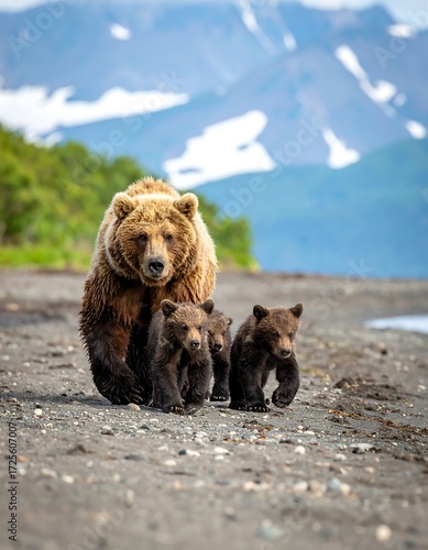 Brown bears mother and cubs on beach