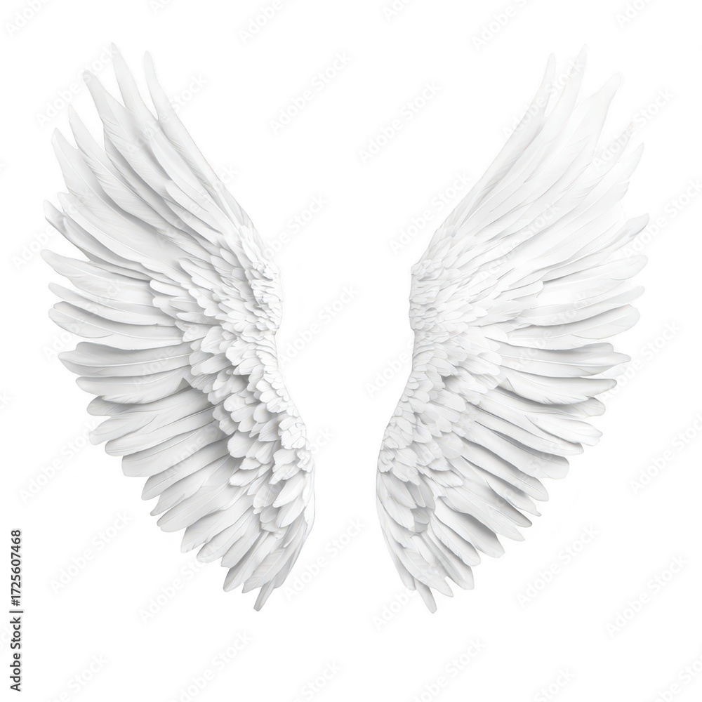 Fototapeta premium A pair of intricately designed white angel wings made of delicate materials. symbolizing freedom and inspiration. set against a clean white background. ideal for artistic or spiritual themes