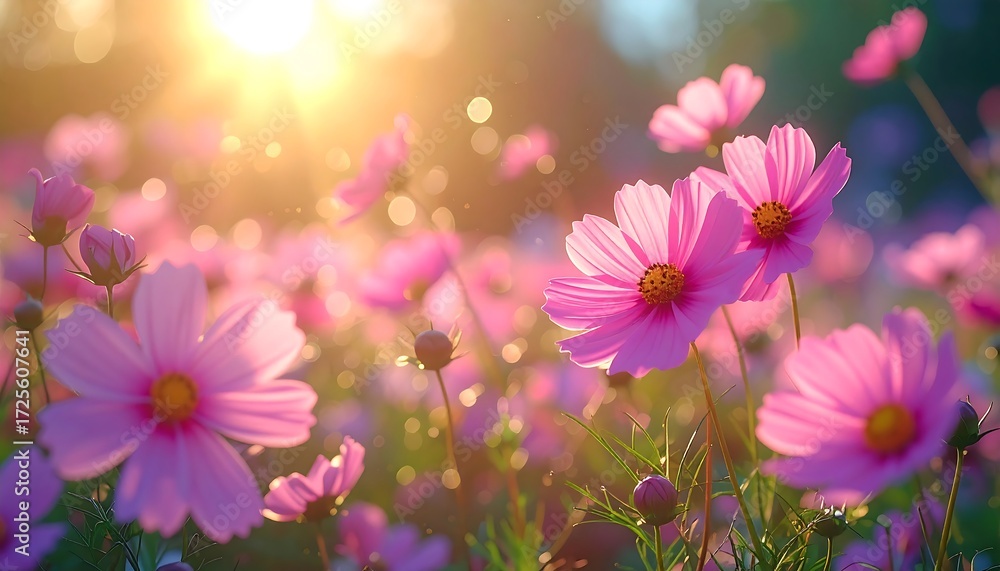 Fototapeta premium Pink cosmos flowers in sunlight