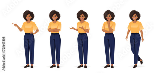 Business African American woman with afro hairstyle standing half turn view different poses set. Standing with arms crossed, thinking, walking, pointing, speaking. Isolated vector illustration.