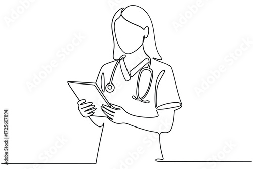 Minimalist line drawing of a doctor holding a clipboard