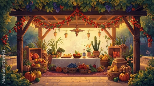 Abundant Autumn Harvest Display in a Decorated Outdoor Pergola