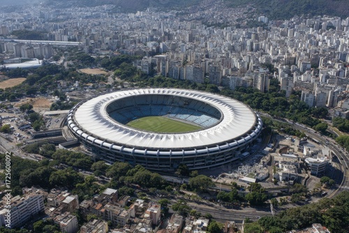 Aerial view of Maracanã Stadium Rio surrounded by urban sprawl and green trees