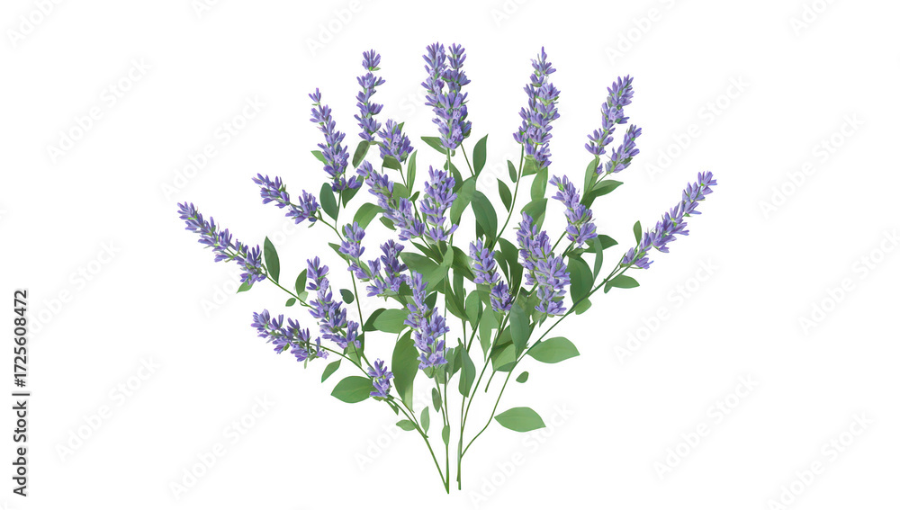Obraz premium A bouquet of purple lavender flowers with green leaves arranged artistically on a clean white background. ideal for use in floral design. home decor. or wellness themes