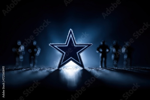 A dark  moody photo features a Cowboys star logo center stage flanked by blurred silhouetted figures on a textured surface