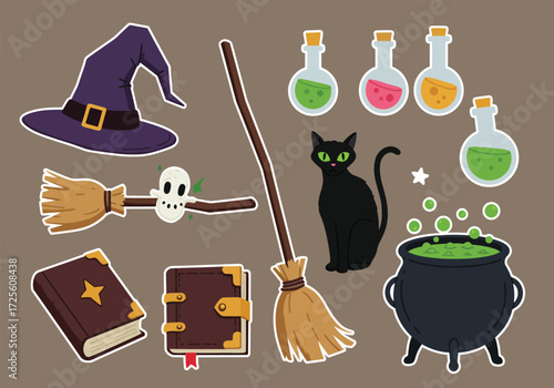 Vector art of a whimsical Halloween scene featuring a witches' hat, black cats, a bat, a pumpkin, potion bottles, spellbooks, a cauldron, a broom, scissors, and a ghost, all set against a clean white 