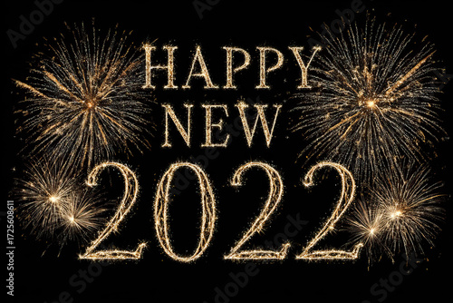Radiant Golden Fireworks Burst Surrounding Happy New Year Celebration on Transparent Background