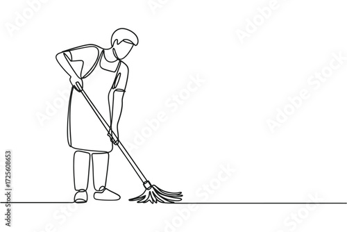 Person wearing an apron cleaning the floor with a mop