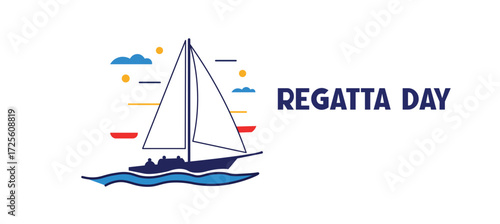 Regatta Day Illustration with Sailboat, Waves, and Sky Elements