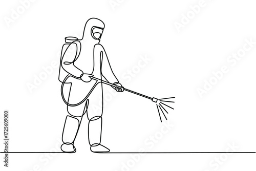 Person in hazmat suit sprays disinfectant with backpack sprayer