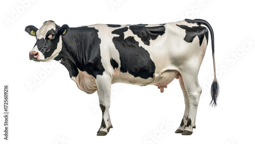A healthy Holstein cow stands proudly against a plain white background. its distinctive black and white markings. ideal for agricultural and livestock-related content