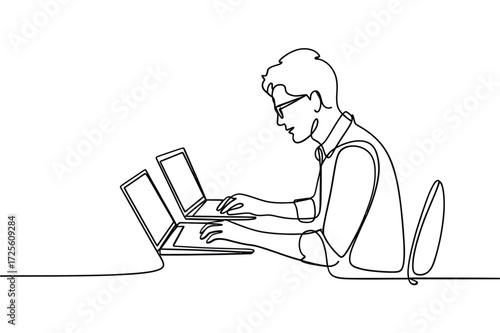 Person working diligently on two laptops in a minimalist line drawing style