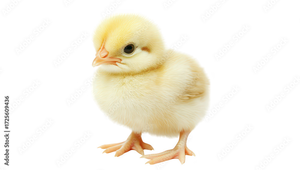 Fototapeta premium A fluffy yellow chick standing on a white background. its soft feathers and curious expression. ideal for animal-themed projects or educational materials