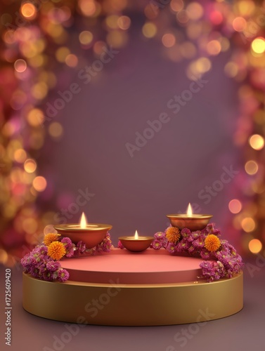 Purple Product Podium with Diya Lamps and Marigold Flowers