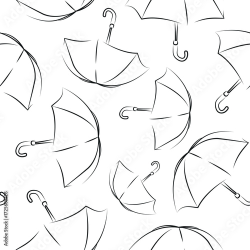 pattern of open rain umbrellas in line art style drawn with different contours