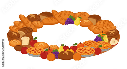 Bakery goods arranged in circle frame assortment of breads pies fruits harvest abundance