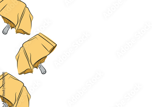 poster of yellow rain umbrellas in a half-closed, open state in line art style, for advertising, coupons or other types of printing