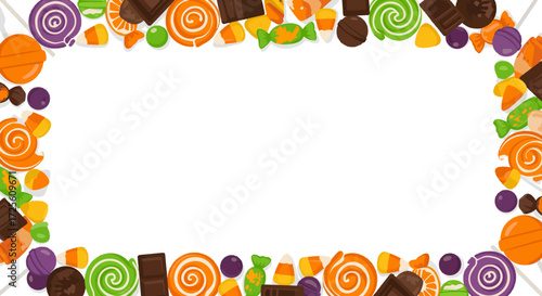 Halloween candy border colorful sweets assortment white space for text festive autumn holiday