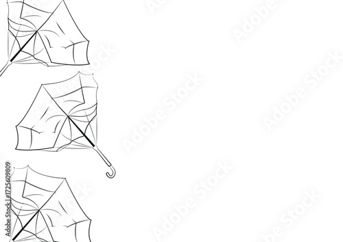 poster of protective umbrellas from the rain in a deformed state in the style of line art, for advertising, coupons or other types of printing