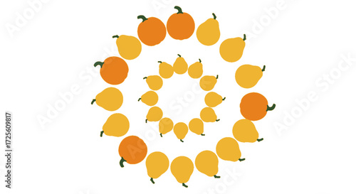 Pumpkins and Pears Arranged in Circular Pattern Autumn Harvest Theme