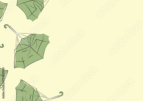 poster of protective green umbrellas from the rain in a deformed state in line art style on a yellow background, for advertising, coupons or other types of printing