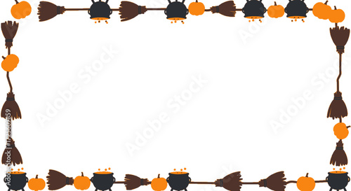 Halloween Frame Border with brooms cauldrons pumpkins festive autumn decoration