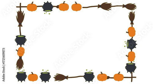 Halloween Frame Border with pumpkins cauldrons brooms festive autumn decoration spooky holiday