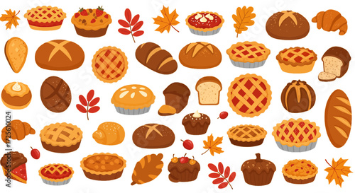 Autumn baked goods assortment Flat style Maple leaves and berries Thanksgiving holiday