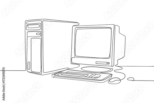 Hand drawn line art of a vintage desktop computer setup