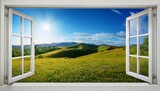 open window view of scenic landscape with green hills and blue sky