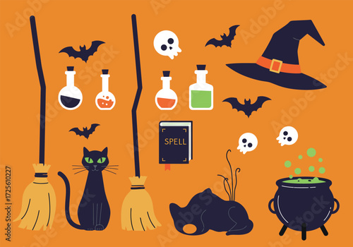 Vector art of a whimsical Halloween scene featuring a witches' hat, black cats, a bat, a pumpkin, potion bottles, spellbooks, a cauldron, a broom, scissors, and a ghost, all set against a clean white 