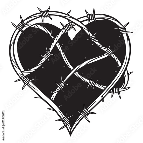 A black heart entwined with barbed wire, symbolizing pain, resilience, and the complexities of love, isolated on white background the stark contrast emphasizes the sharp edges and emotional depth