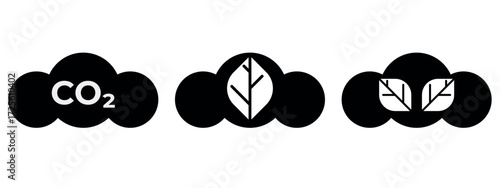 Illustration of zero emissions icon design set. CO2 emissions, carbon dioxide pollution, clean air, eco, and environment symbol. Black cloud and leaf.