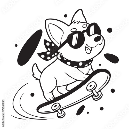 A charming corgi dog, sporting sunglasses and a bandana, joyfully rides a skateboard, exuding coolness and fun, isolated on white background a playful and energetic illustration