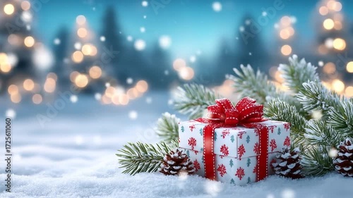 Wrapped Gift with Red Ribbon on Snow With Pine Cones and Illuminated Trees in a Winter Wonderland Background
