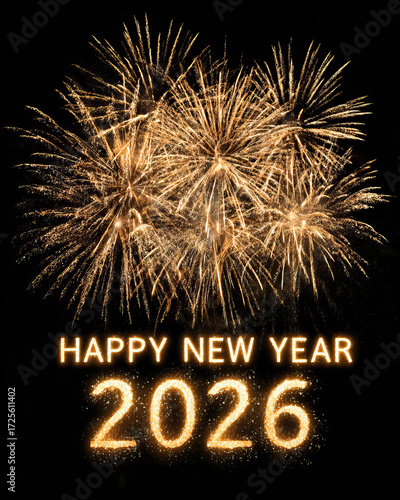 Radiant Golden Fireworks Burst Surrounding Happy New Year Celebration on Transparent Background
