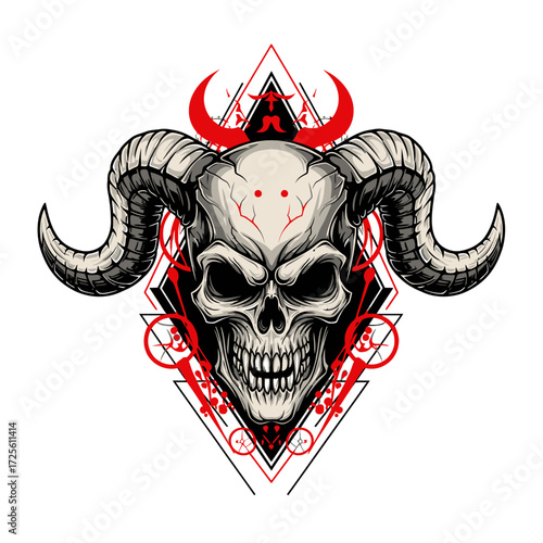 Intricate horned skull with sharp teeth and red occult symbols on a geometric background, depicting a dark and powerful demonic entity.