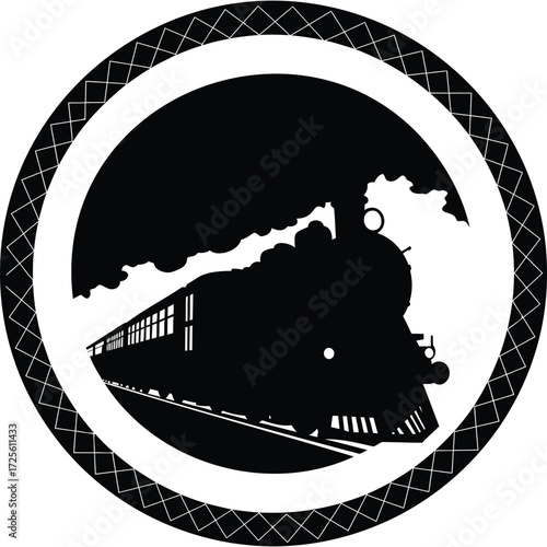 Steam Train Silhouette in Circular Frame locomotive railway railroad transportation travel vintage retro classic black and white vector