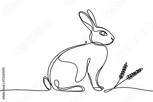 Minimalist line art of a rabbit sitting next to wheat stalks
