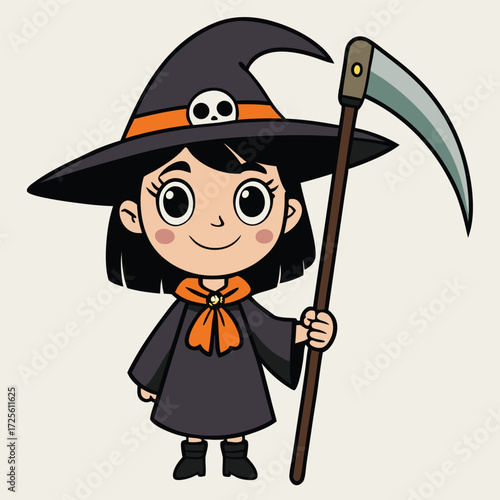 A little witch holding a scythe celebrates Halloween.
Halloween concept