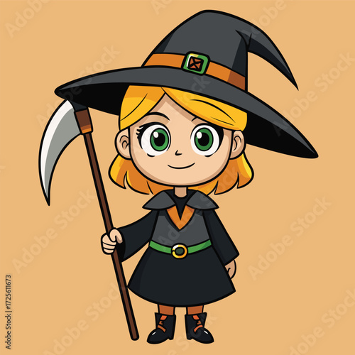 A cute cartoon of a little girl dressed as a witch for Halloween.
Halloween concept