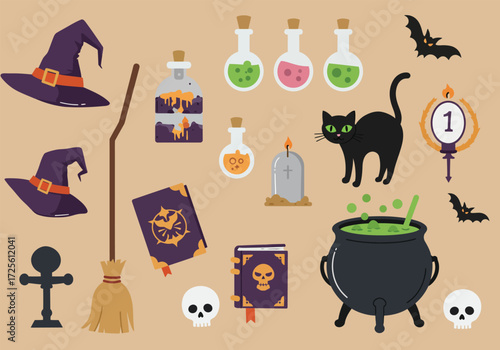 Vector art of a whimsical Halloween scene featuring a witches' hat, black cats, a bat, a pumpkin, potion bottles, spellbooks, a cauldron, a broom, scissors, and a ghost, all set against a clean white 