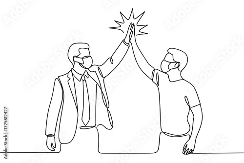 Two business professionals in masks giving each other a high five