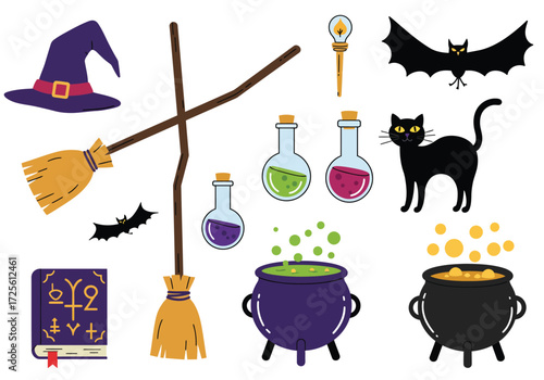Vector art of a whimsical Halloween scene featuring a witches' hat, black cats, a bat, a pumpkin, potion bottles, spellbooks, a cauldron, a broom, scissors, and a ghost, all set against a clean white 