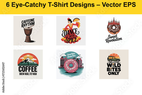 Six eye-catchy t-shirt designs featuring coffee donuts burgers and creative typography ideal for apparel vector